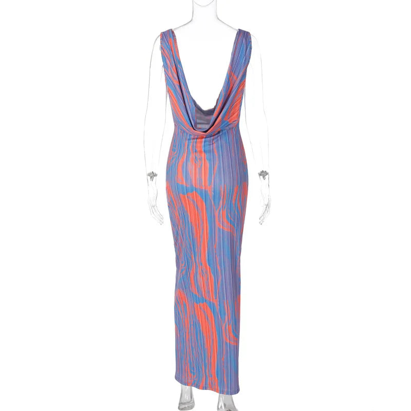 Autumn Winter  Women Y2K Print Backless Sexy Evening Party Club Bodycon Maxi Long Dress Outfits Sleeveless V Neck Vestido