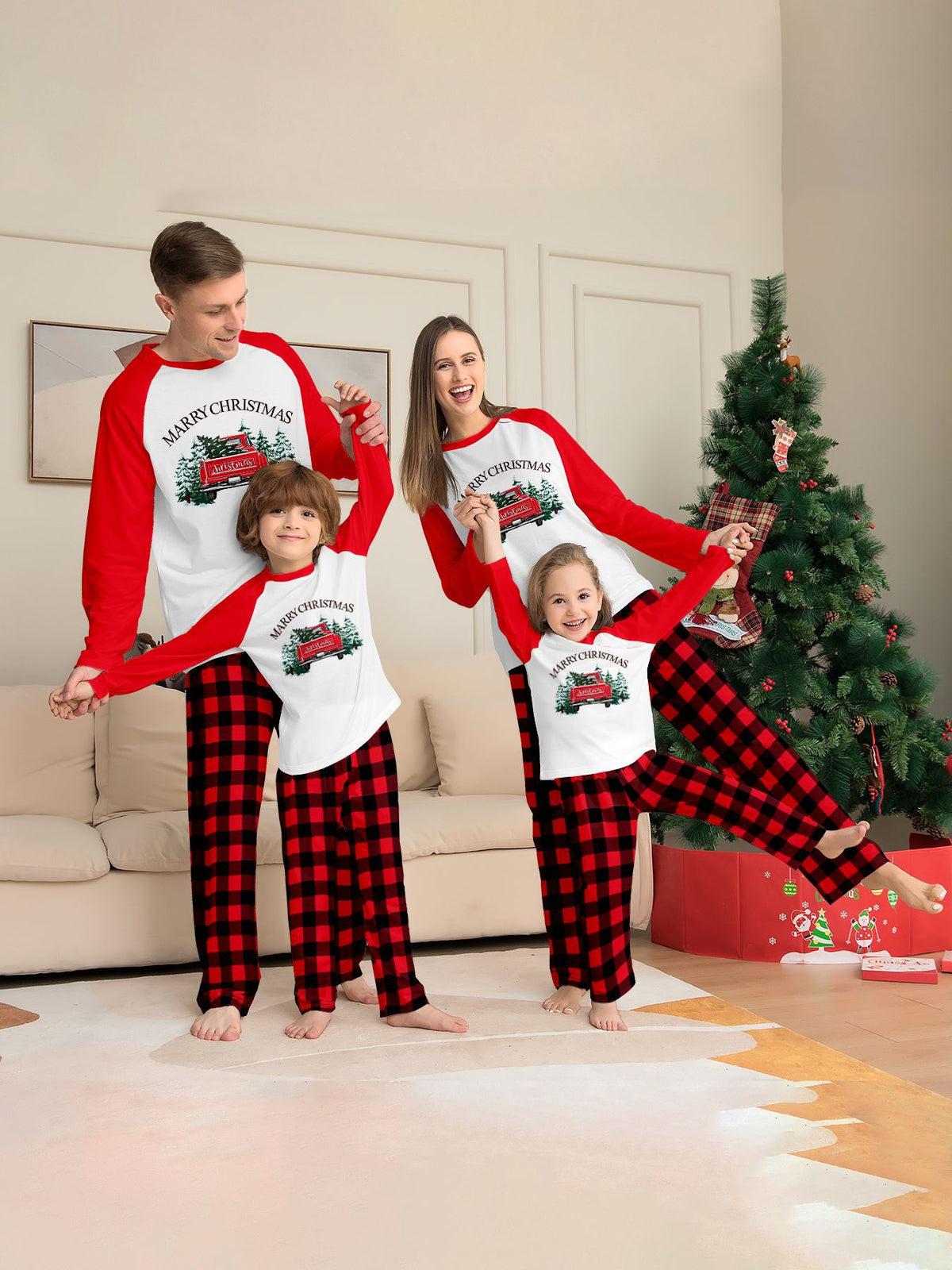 Family Matching Outfits Autumn Wear Sleepwear Christmas Tree Car Letter Red Checkered Print Set