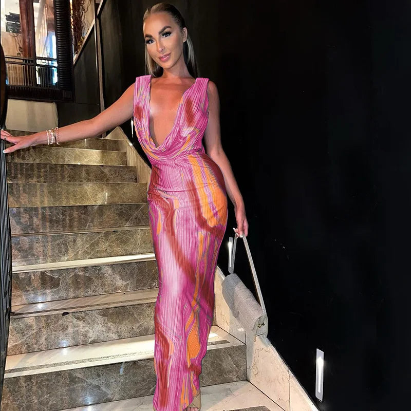 Autumn Winter  Women Y2K Print Backless Sexy Evening Party Club Bodycon Maxi Long Dress Outfits Sleeveless V Neck Vestido