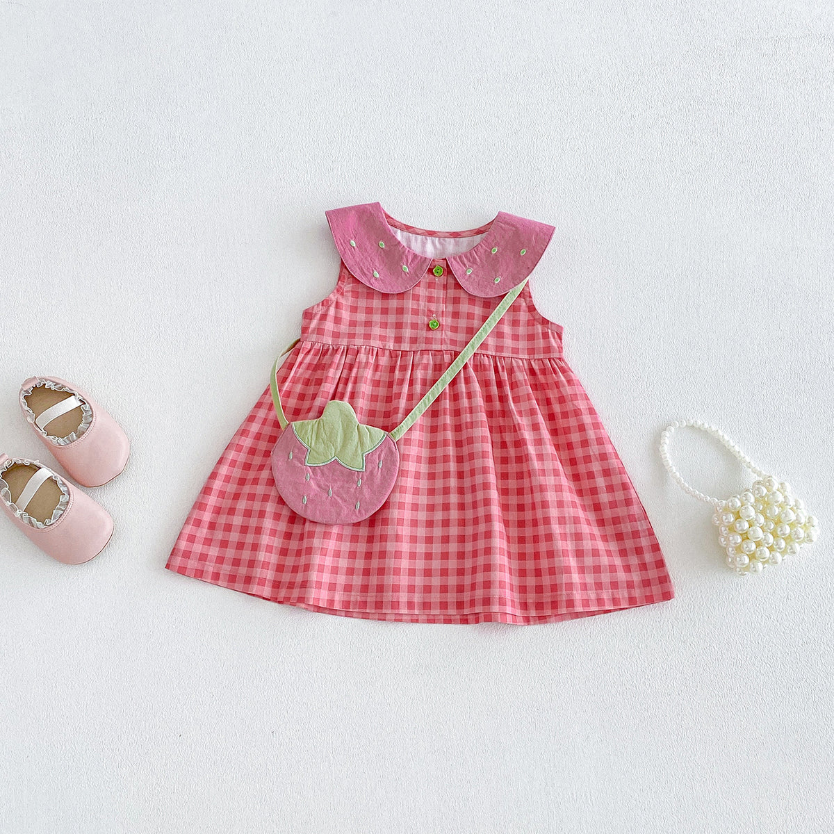 Cotton Gingham Vest Dress for Toddlers, Summer Stylish Baby Romper Set, Twin Matching Outfits