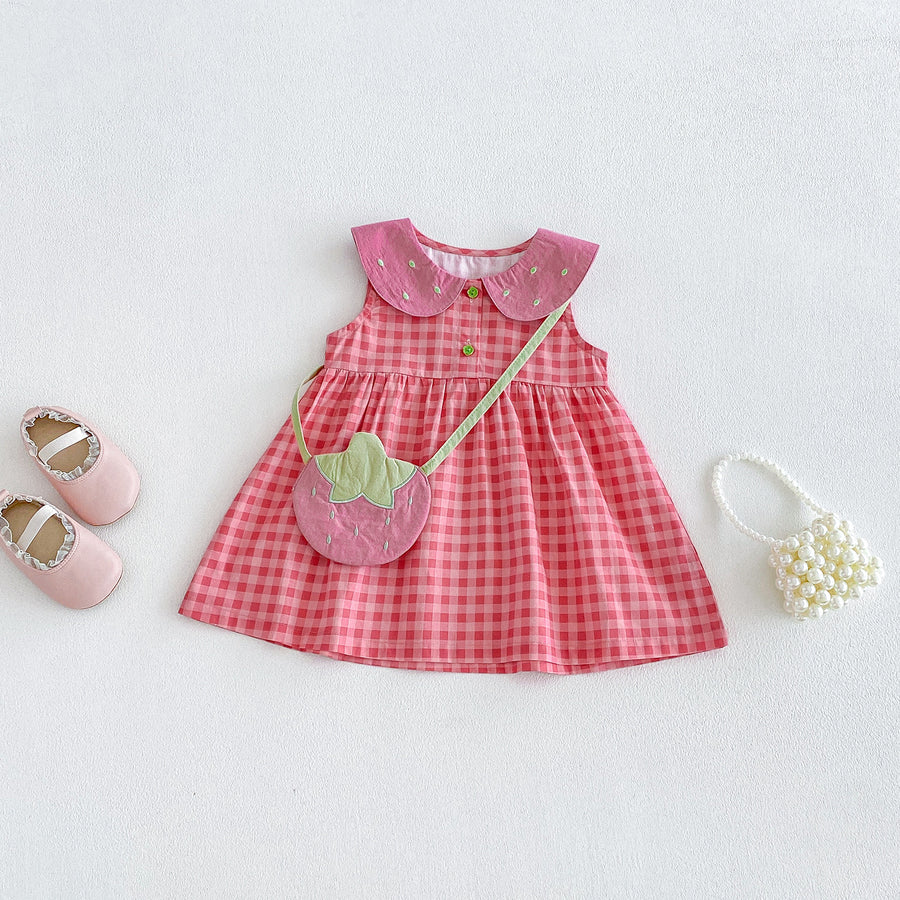 Cotton Gingham Vest Dress for Toddlers, Summer Stylish Baby Romper Set, Twin Matching Outfits