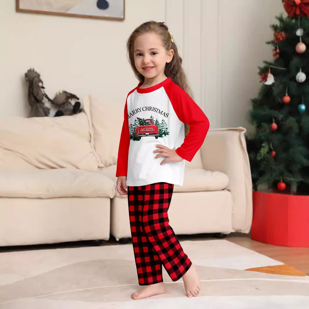 Family Matching Outfits Autumn Wear Sleepwear Christmas Tree Car Letter Red Checkered Print Set