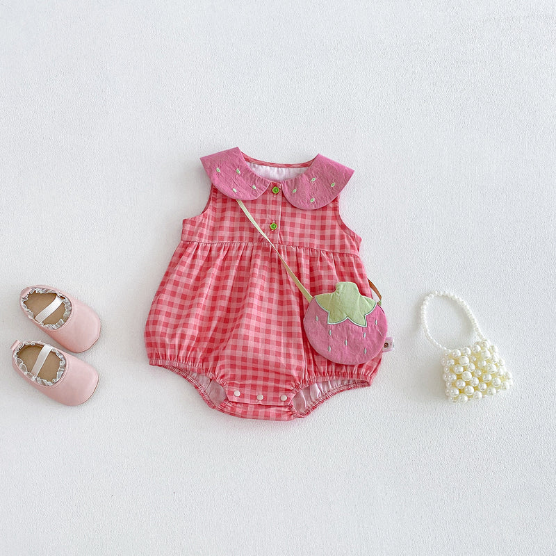 Cotton Gingham Vest Dress for Toddlers, Summer Stylish Baby Romper Set, Twin Matching Outfits