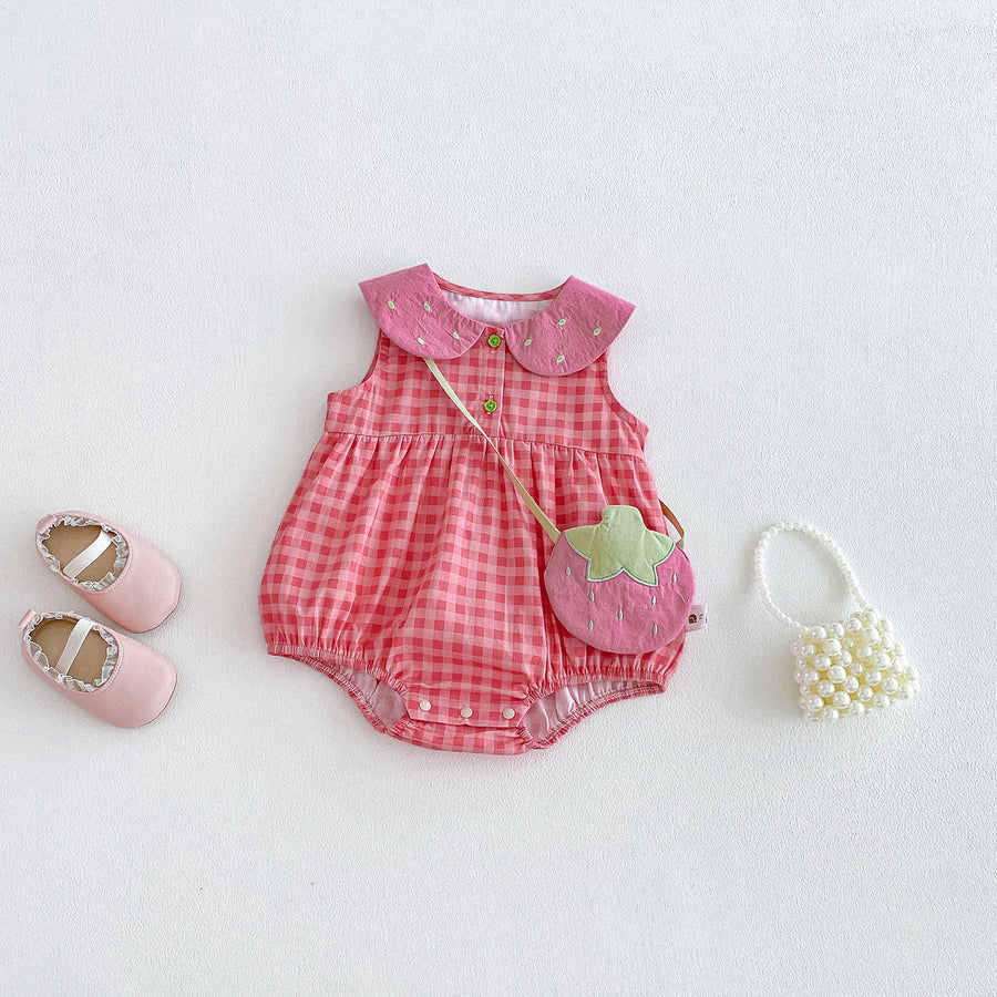 Cotton Gingham Vest Dress for Toddlers, Summer Stylish Baby Romper Set, Twin Matching Outfits