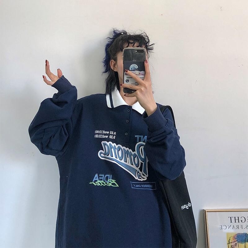 Vintage Polo Collar Oversized Hoodies Women Korean Trendy 2020 Autumn Letter Print Sweatshirt Loose Harajuku Top Long Sleeve