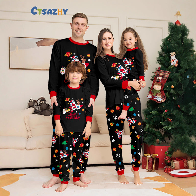 Cool and Stylish Family Matching Pajamas Christmas Santa Riding Rocket Design, Parent-Child Outfits
