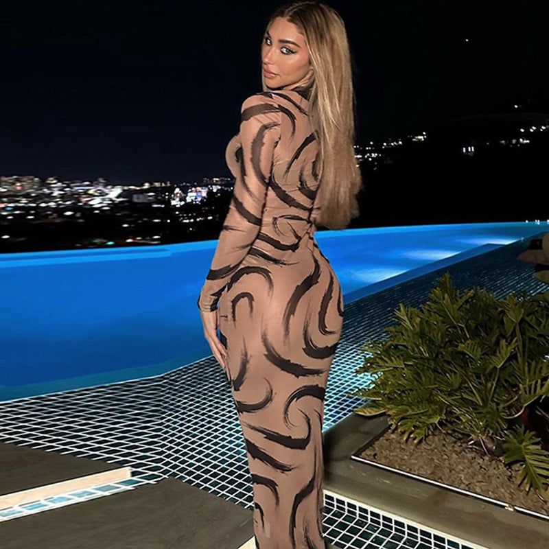 Spring Mesh See Through Sexy Clothes Long Sleeve O-Neck Bodycon Midi Dresses For Women  Club Streetwear Outfits