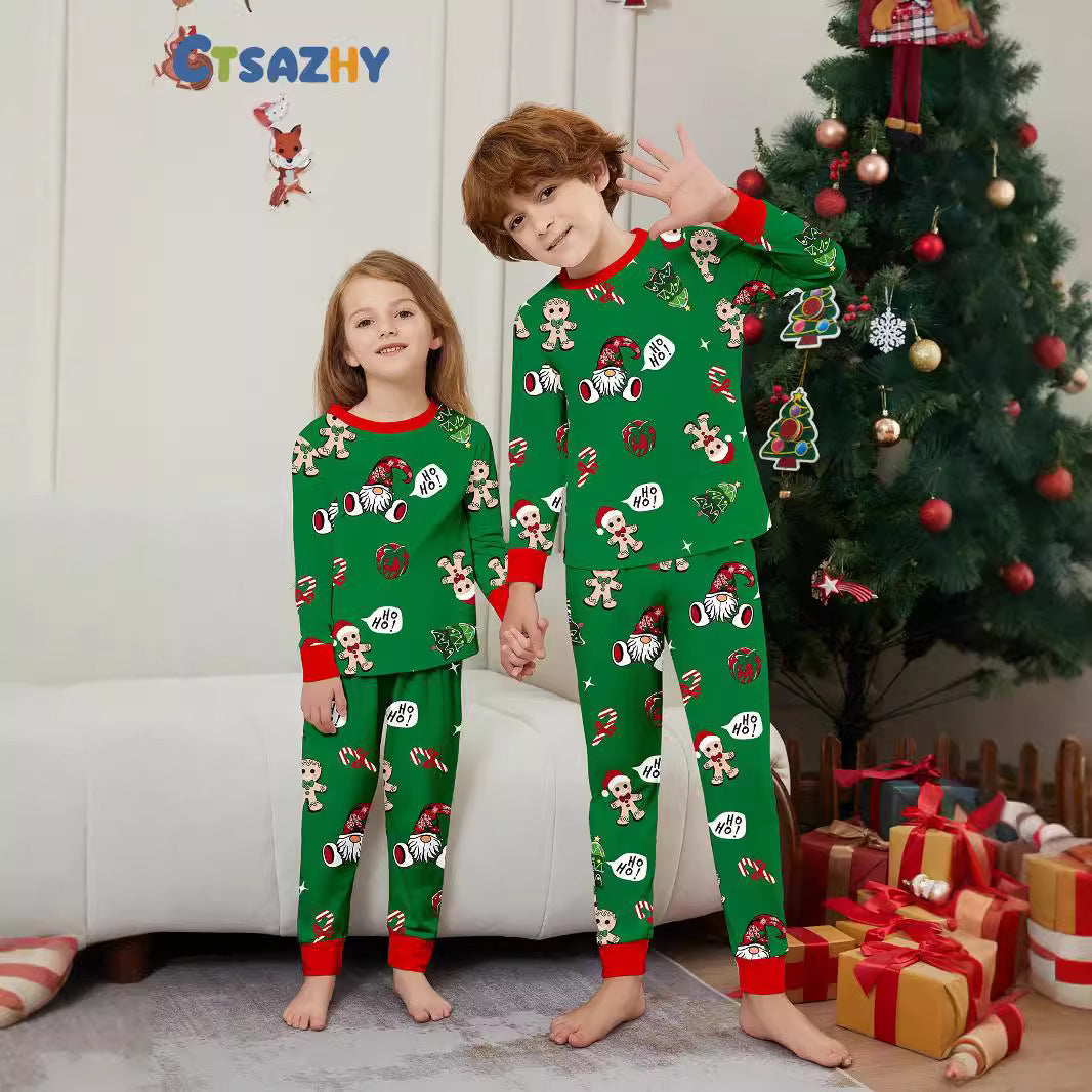 Christmas Family Matching Outfits  Gingerbread Man Print Full Floral Home Wear Green Set