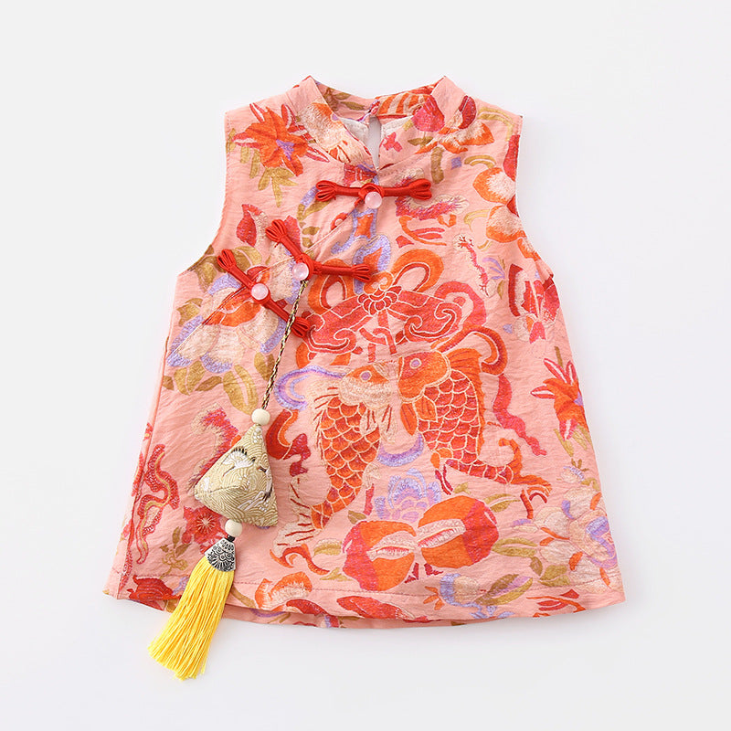 Baby Summer Outfits Sibling Matching Style Sleeveless Cheongsam Romper for Boys Chinese Style Vest Onesie