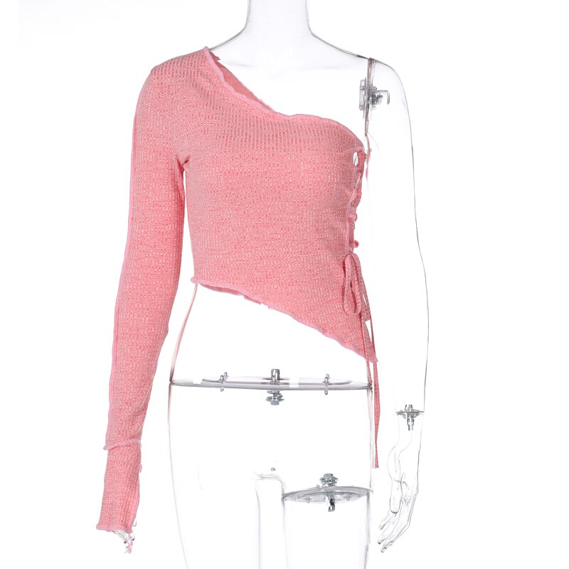 Hugcitar  Long Sleeve One-Shoulder Bandage Hollow Out Irregular Sexy Tshirt Top Autumn Winter Women  Party Club Outfits