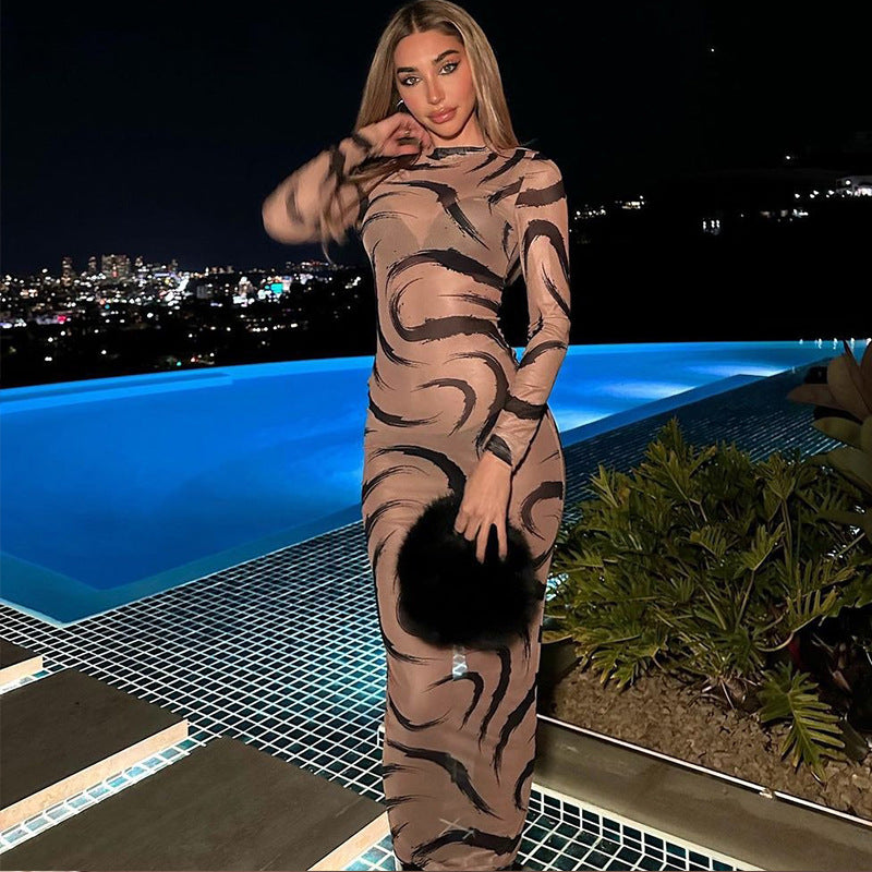Spring Mesh See Through Sexy Clothes Long Sleeve O-Neck Bodycon Midi Dresses For Women  Club Streetwear Outfits