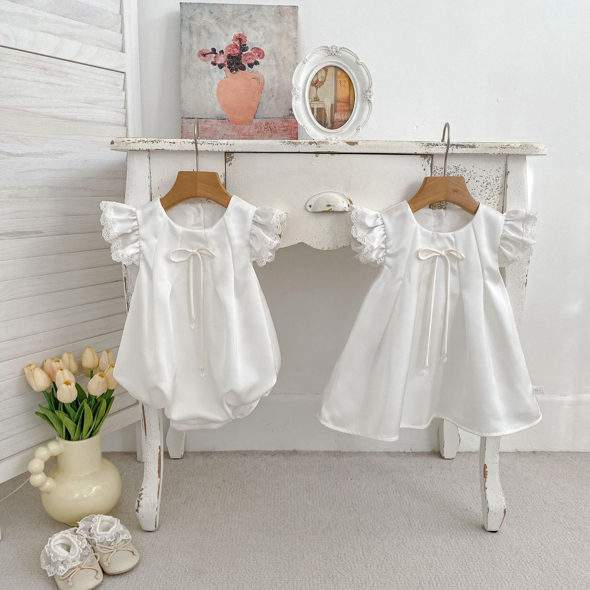 Cute Butterfly Bow Romper with Flutter Sleeves for Girls, Sweet Princess Dress for Baby Shower, Matching Sister Outfits