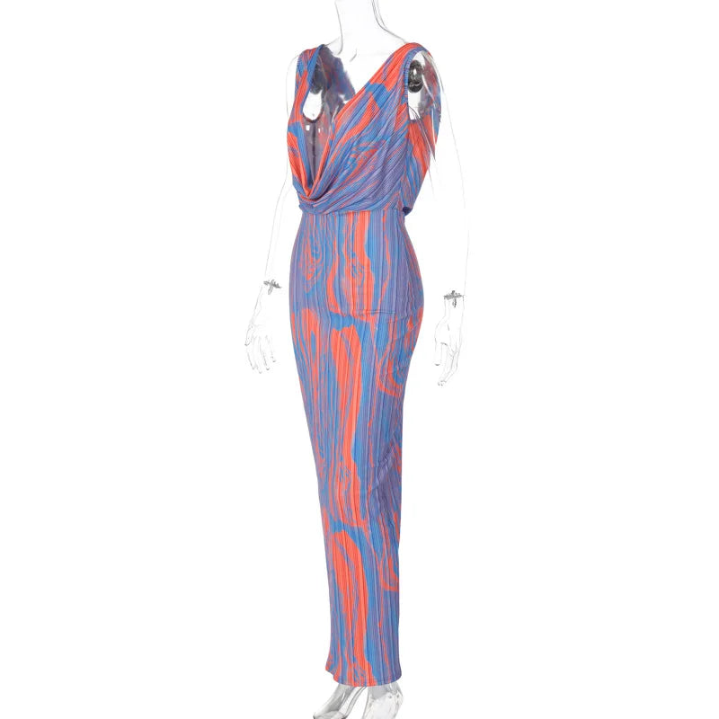 Autumn Winter  Women Y2K Print Backless Sexy Evening Party Club Bodycon Maxi Long Dress Outfits Sleeveless V Neck Vestido