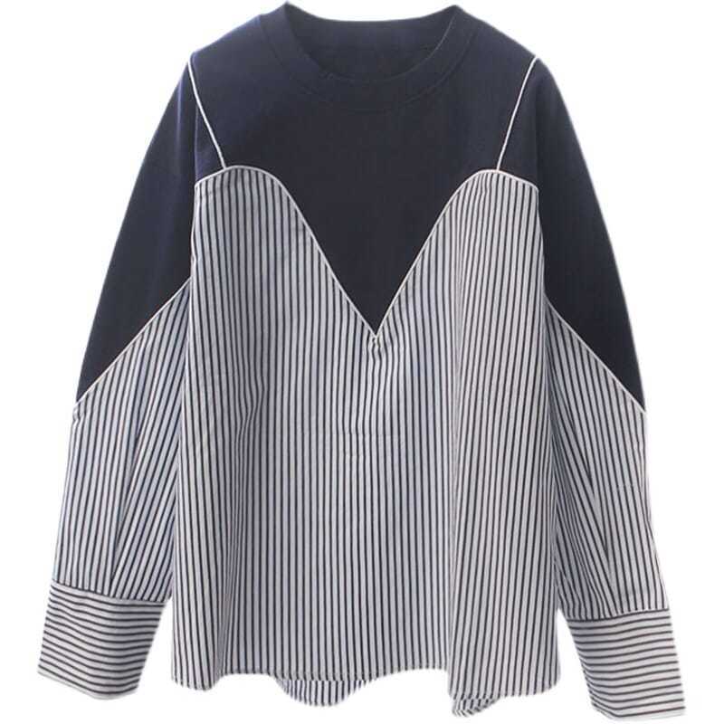 Oversized Tops Fashion Sweatshirts Women Clothing Patchwork Striped Casual Y2k Top Chic Fake Two Korean Loose Hoodies Ropa Mujer