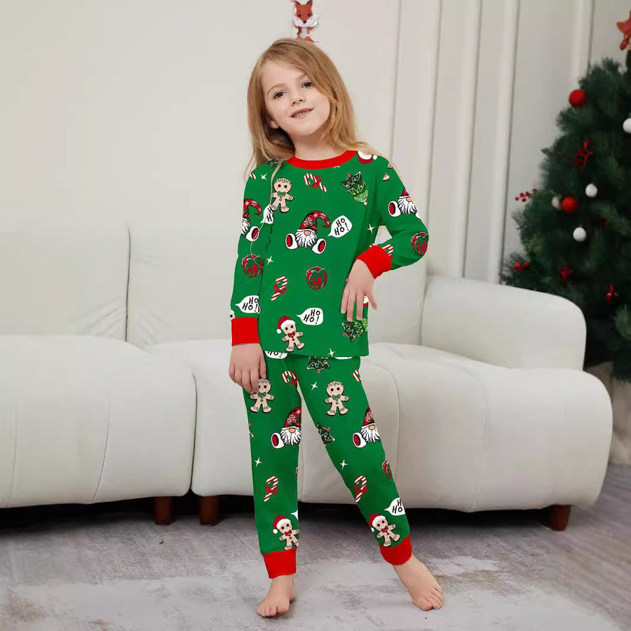 Christmas Family Matching Outfits  Gingerbread Man Print Full Floral Home Wear Green Set