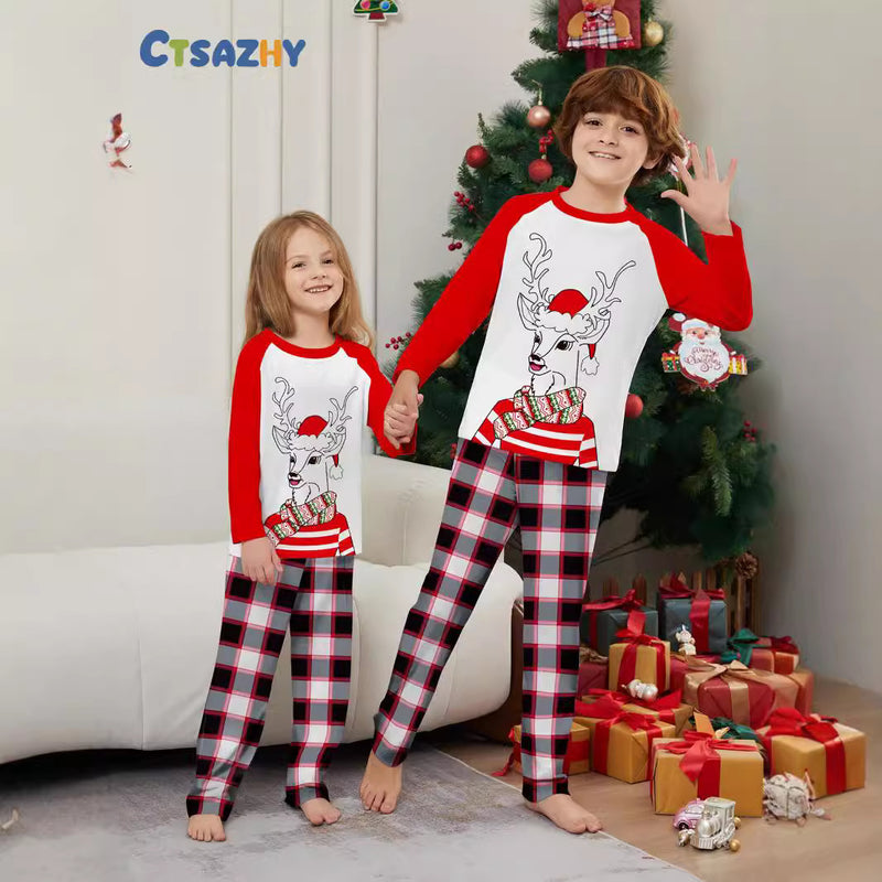 Christmas Family Matching Outfits Santa Deer Scarf Hat Printed Loungewear