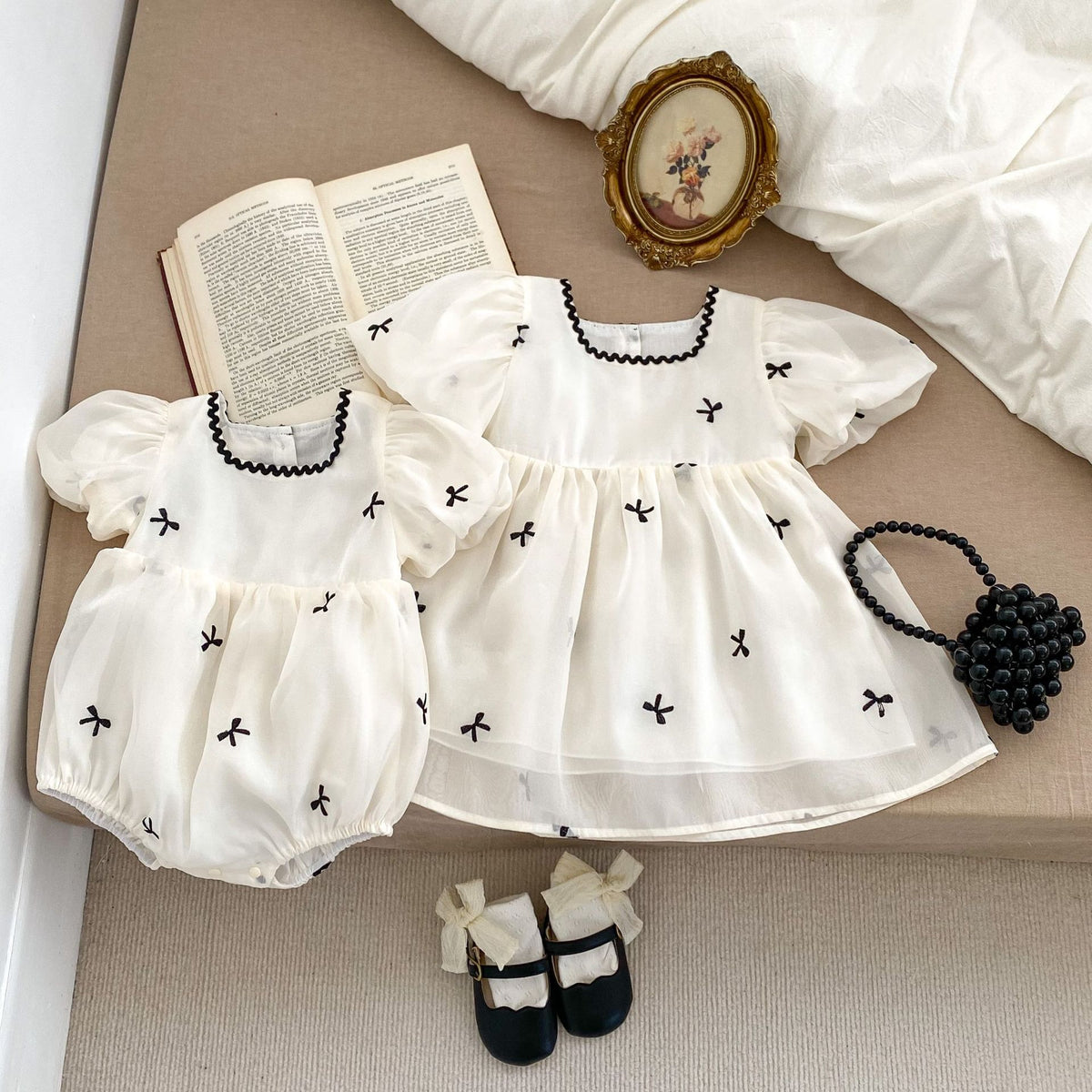 Cute Baby Girls' Matching Outfits with Bowknot Puff Sleeve Romper and Tulle Dress, Summer Princess Dress for Toddlers