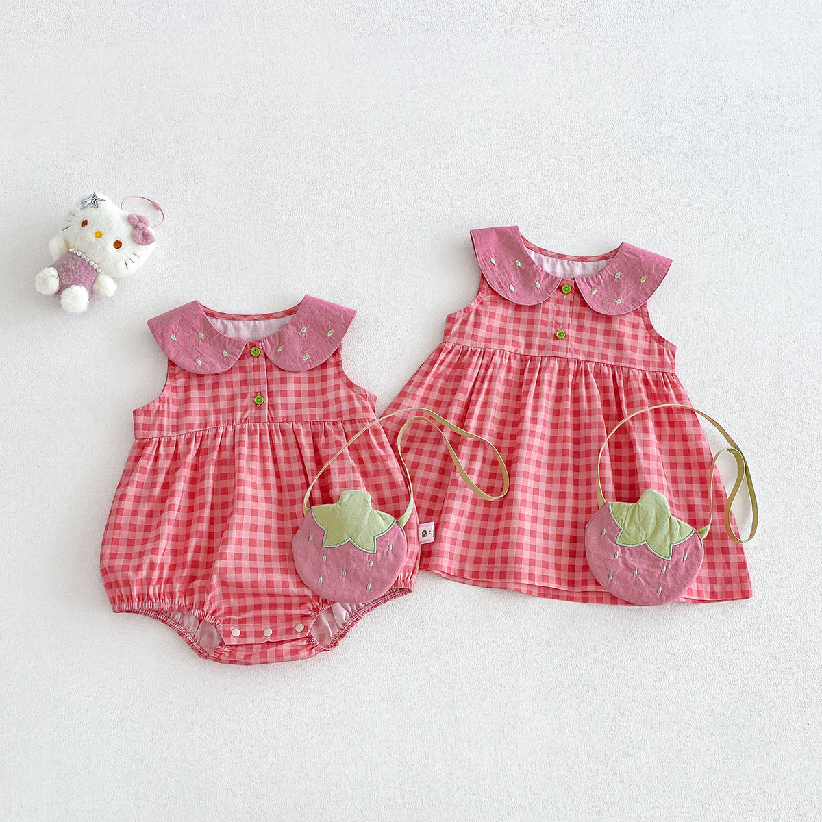 Cotton Gingham Vest Dress for Toddlers, Summer Stylish Baby Romper Set, Twin Matching Outfits