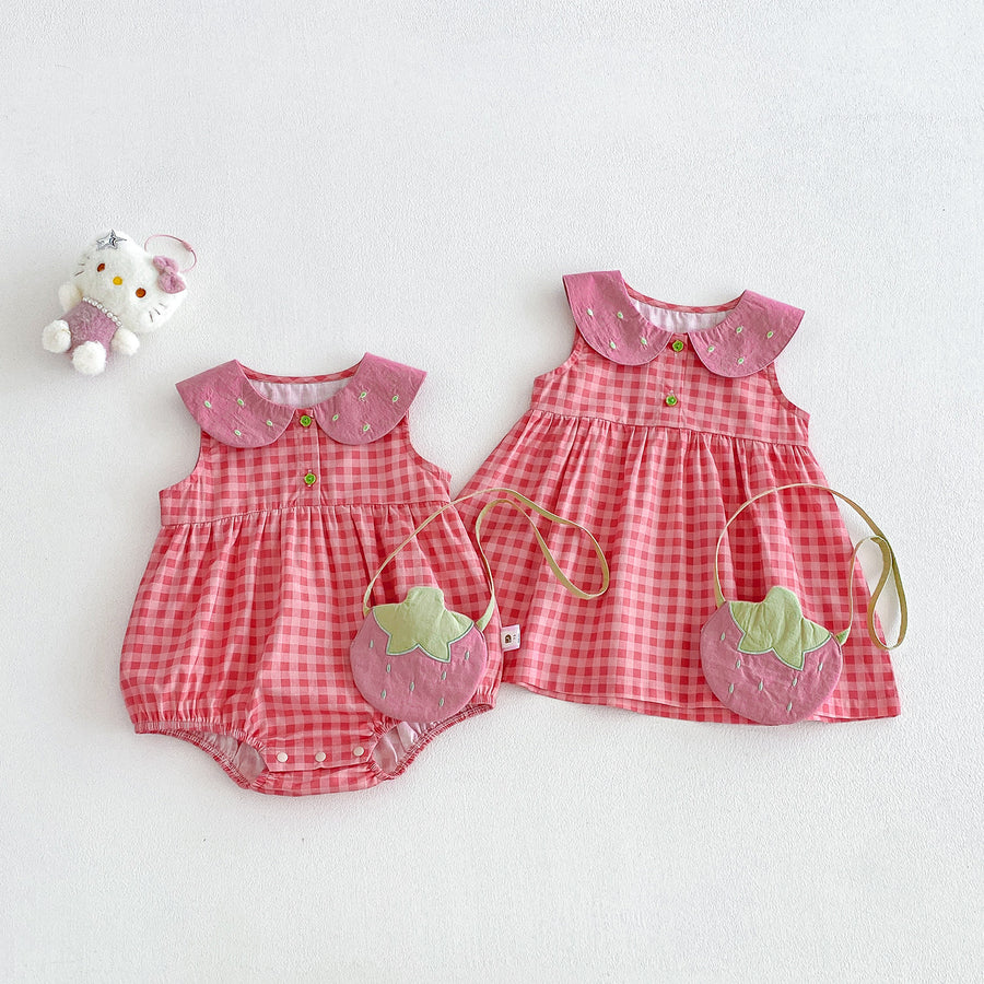 Cotton Gingham Vest Dress for Toddlers, Summer Stylish Baby Romper Set, Twin Matching Outfits