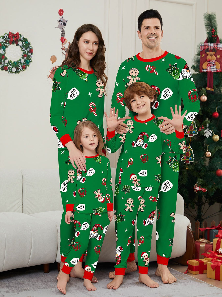 Christmas Family Matching Outfits  Gingerbread Man Print Full Floral Home Wear Green Set