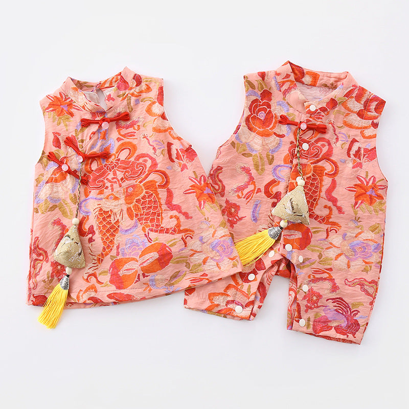 Baby Summer Outfits Sibling Matching Style Sleeveless Cheongsam Romper for Boys Chinese Style Vest Onesie