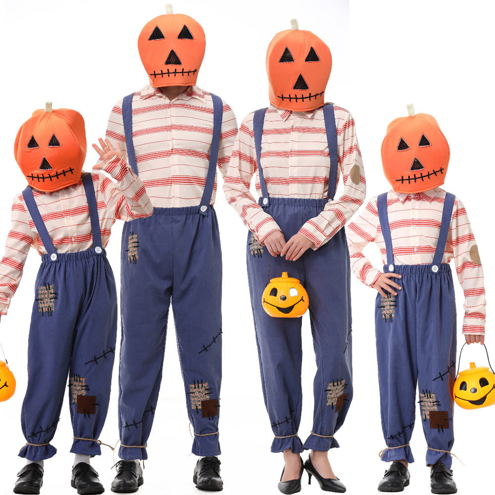 Halloween Pumpkin Zombie Scarecrow Costume Cosplay Overalls Adult and Child Matching Outfits