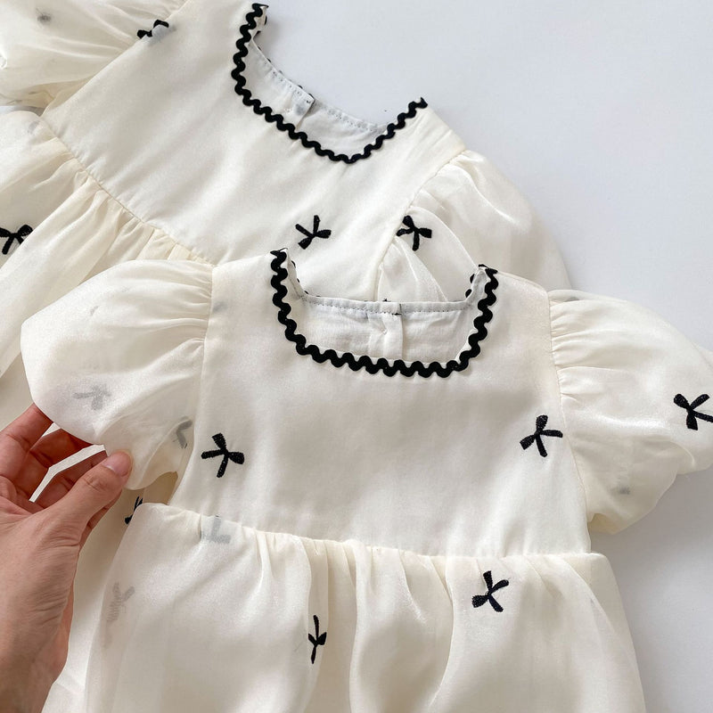Cute Baby Girls' Matching Outfits with Bowknot Puff Sleeve Romper and Tulle Dress, Summer Princess Dress for Toddlers