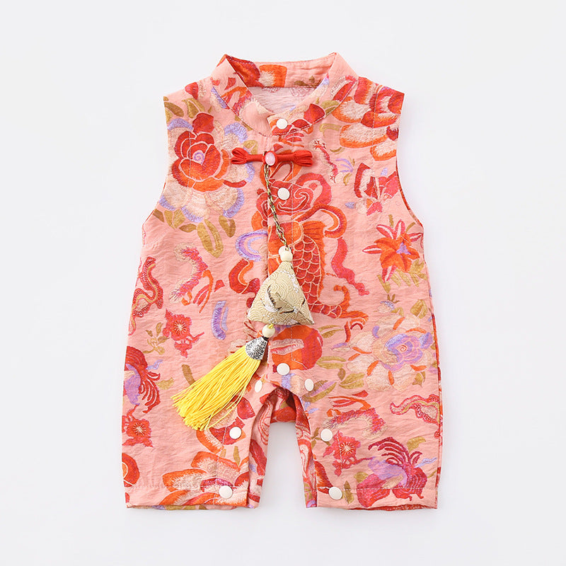 Baby Summer Outfits Sibling Matching Style Sleeveless Cheongsam Romper for Boys Chinese Style Vest Onesie