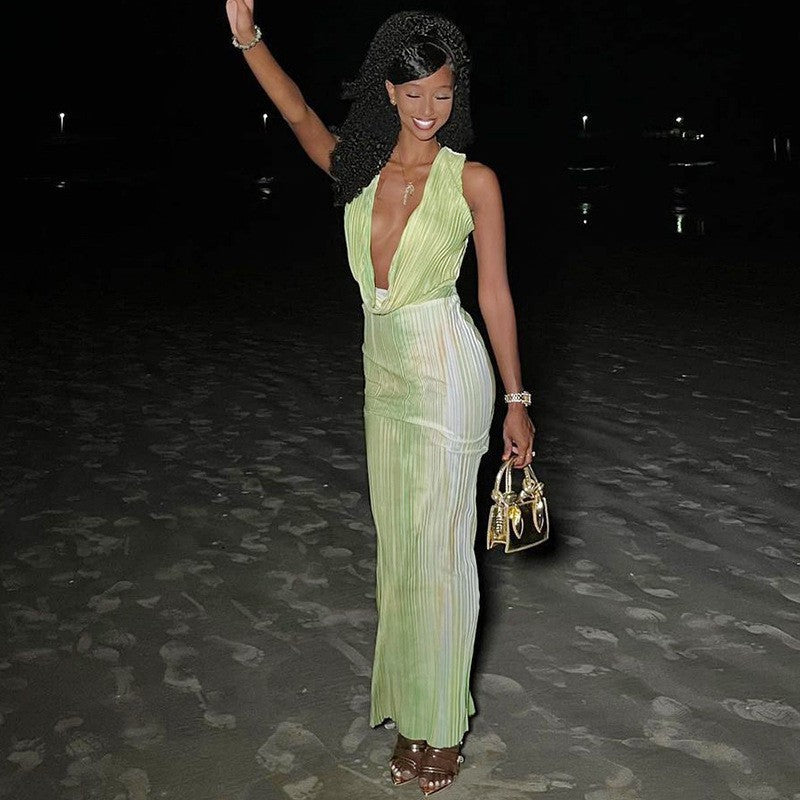 Autumn Winter  Women Y2K Print Backless Sexy Evening Party Club Bodycon Maxi Long Dress Outfits Sleeveless V Neck Vestido