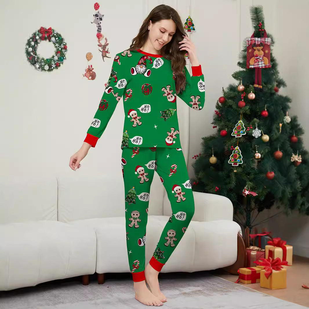 Christmas Family Matching Outfits  Gingerbread Man Print Full Floral Home Wear Green Set