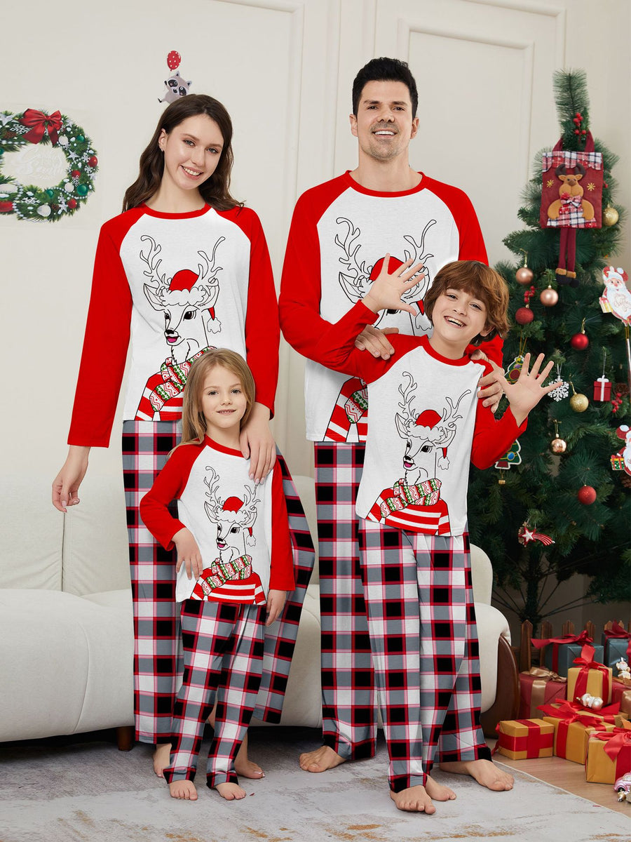 Christmas Family Matching Outfits Santa Deer Scarf Hat Printed Loungewear