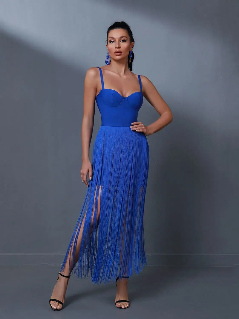 Fringed Long Bandage Dress Women Evening Party Dress Elegant Blue Sexy Birthday Club Outfits Summer