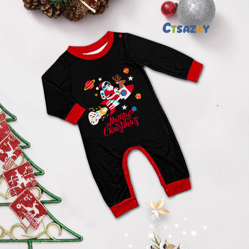 Cool and Stylish Family Matching Pajamas Christmas Santa Riding Rocket Design, Parent-Child Outfits