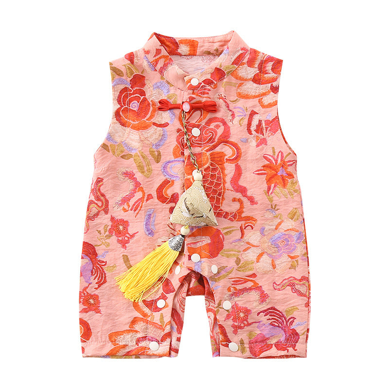 Baby Summer Outfits Sibling Matching Style Sleeveless Cheongsam Romper for Boys Chinese Style Vest Onesie