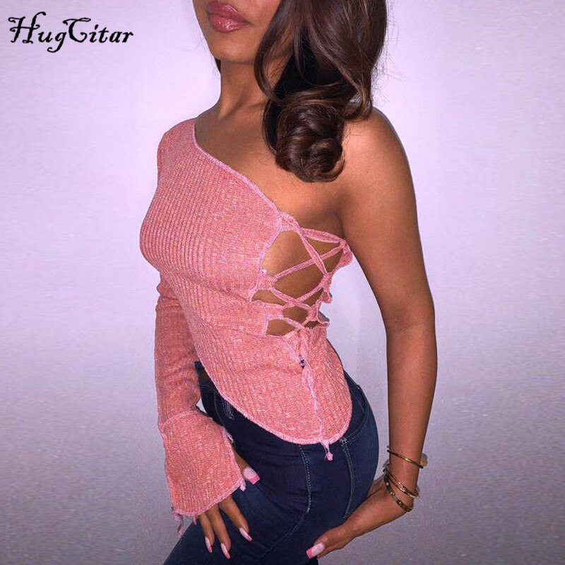Hugcitar  Long Sleeve One-Shoulder Bandage Hollow Out Irregular Sexy Tshirt Top Autumn Winter Women  Party Club Outfits