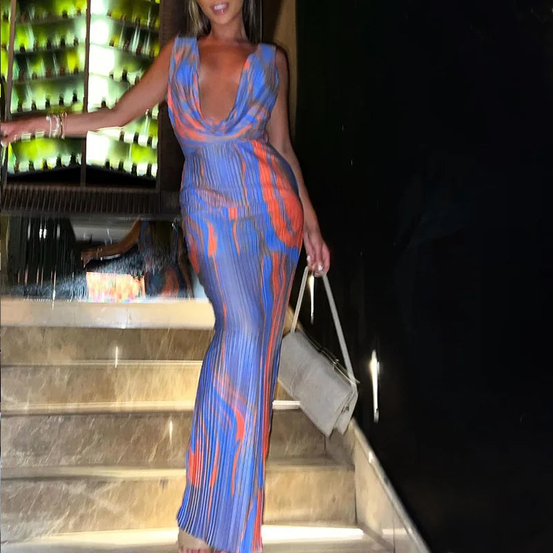Autumn Winter  Women Y2K Print Backless Sexy Evening Party Club Bodycon Maxi Long Dress Outfits Sleeveless V Neck Vestido