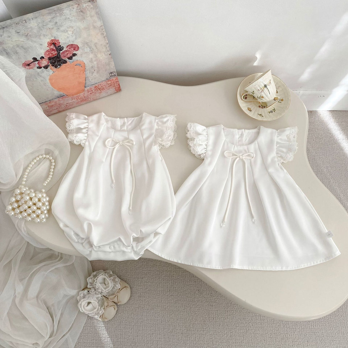 Cute Butterfly Bow Romper with Flutter Sleeves for Girls, Sweet Princess Dress for Baby Shower, Matching Sister Outfits