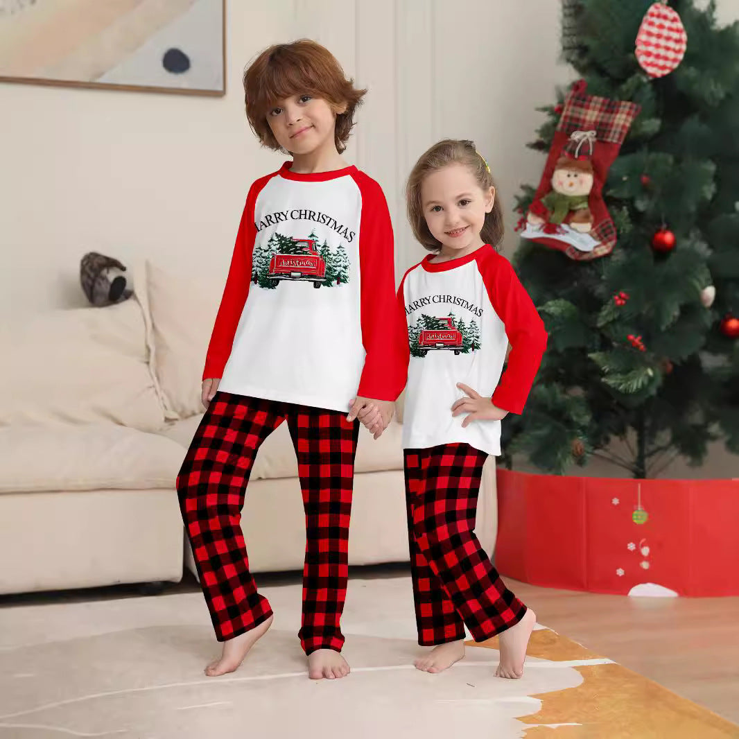 Family Matching Outfits Autumn Wear Sleepwear Christmas Tree Car Letter Red Checkered Print Set