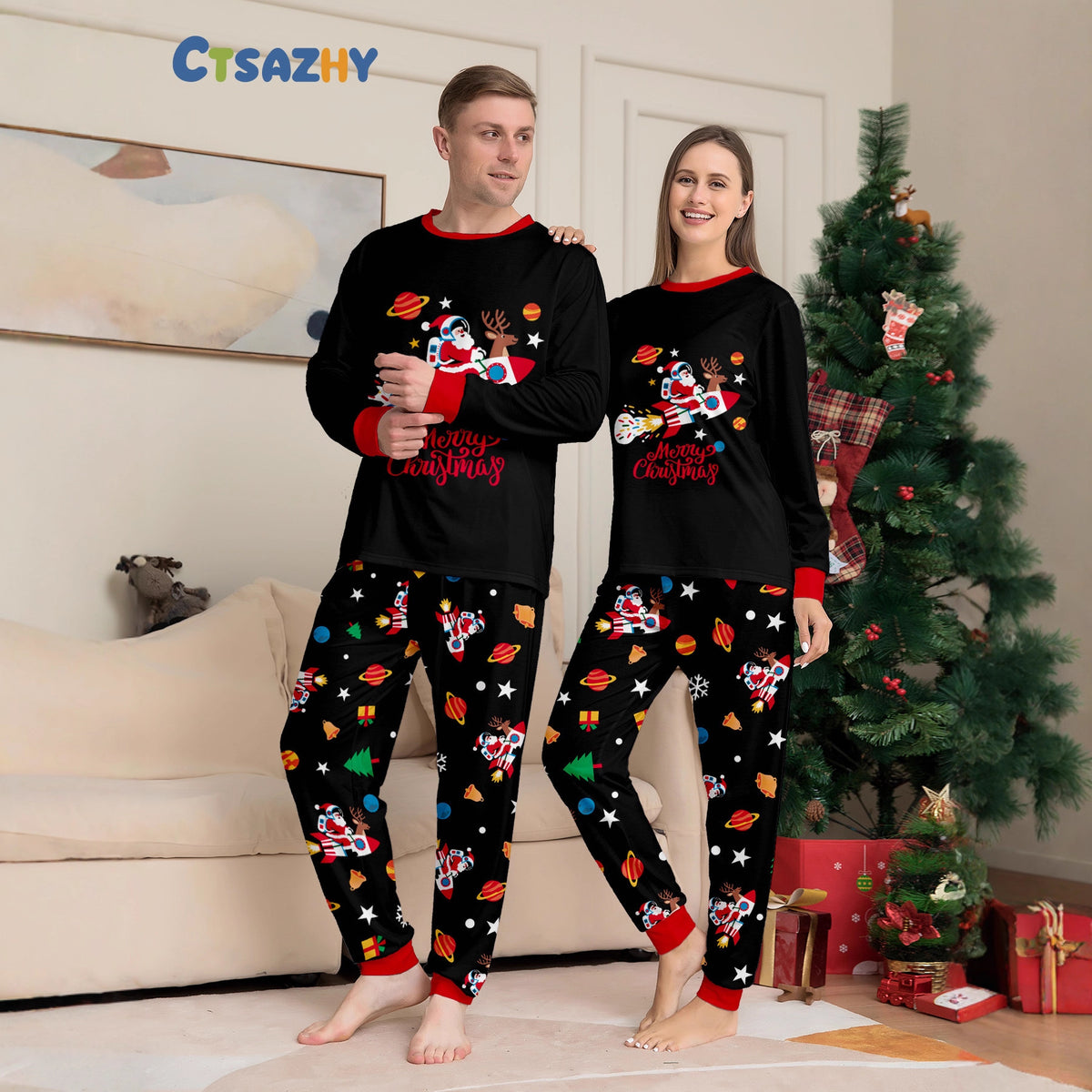 Cool and Stylish Family Matching Pajamas Christmas Santa Riding Rocket Design, Parent-Child Outfits