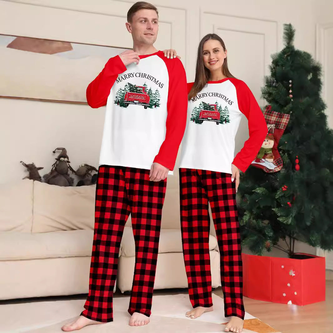 Family Matching Outfits Autumn Wear Sleepwear Christmas Tree Car Letter Red Checkered Print Set