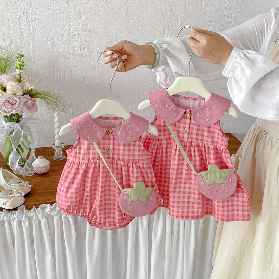 Cotton Gingham Vest Dress for Toddlers, Summer Stylish Baby Romper Set, Twin Matching Outfits