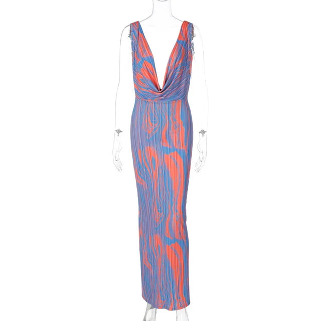 Autumn Winter  Women Y2K Print Backless Sexy Evening Party Club Bodycon Maxi Long Dress Outfits Sleeveless V Neck Vestido