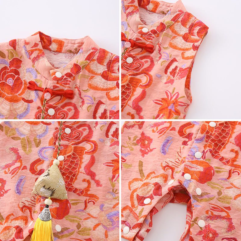 Baby Summer Outfits Sibling Matching Style Sleeveless Cheongsam Romper for Boys Chinese Style Vest Onesie