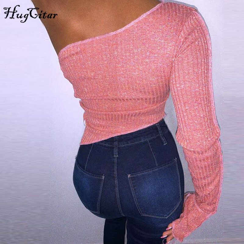 Hugcitar  Long Sleeve One-Shoulder Bandage Hollow Out Irregular Sexy Tshirt Top Autumn Winter Women  Party Club Outfits