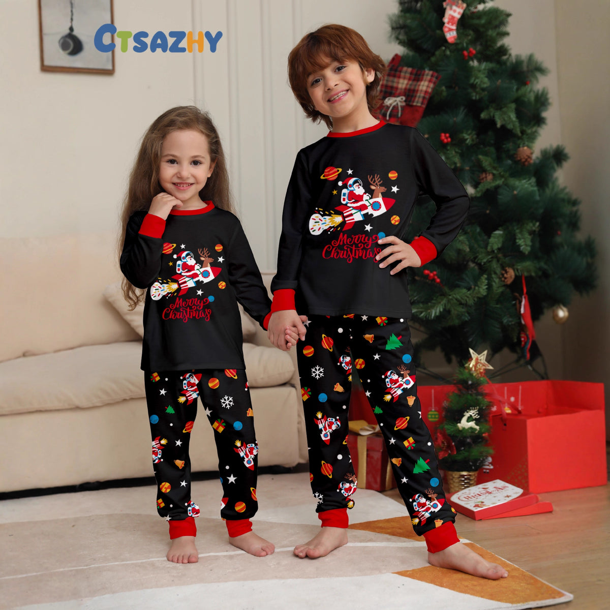 Cool and Stylish Family Matching Pajamas Christmas Santa Riding Rocket Design, Parent-Child Outfits